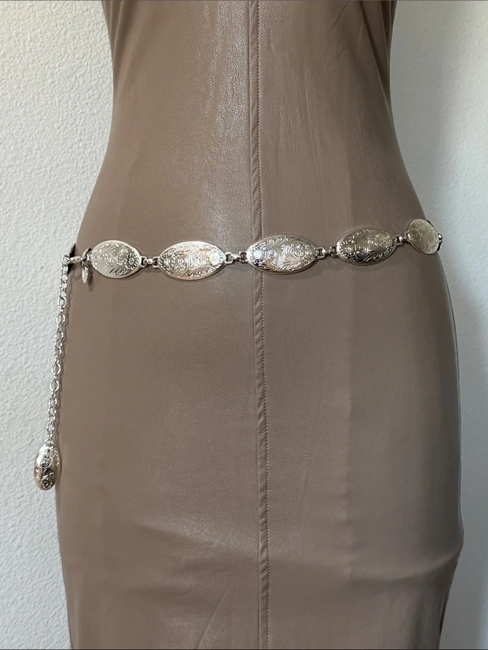 Silver Tone Oval Engraved Concho Chain Belt - Women's Jewelry